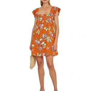 Kourt Women's Aria Seasonal Mini Dress Babydoll Flutter Sleeve Linen Blend Fruit